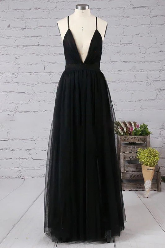 Black Deep V-neck Tulle Prom Dress E202283833