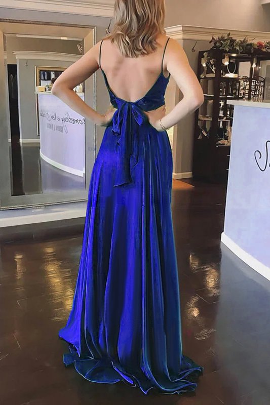 Royal Blue Satin A-line Prom Dress with Pockets E202283831