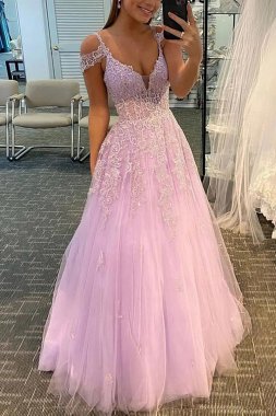 Pink Tulle Off Shoulder Prom Dress with Appliques E202283830