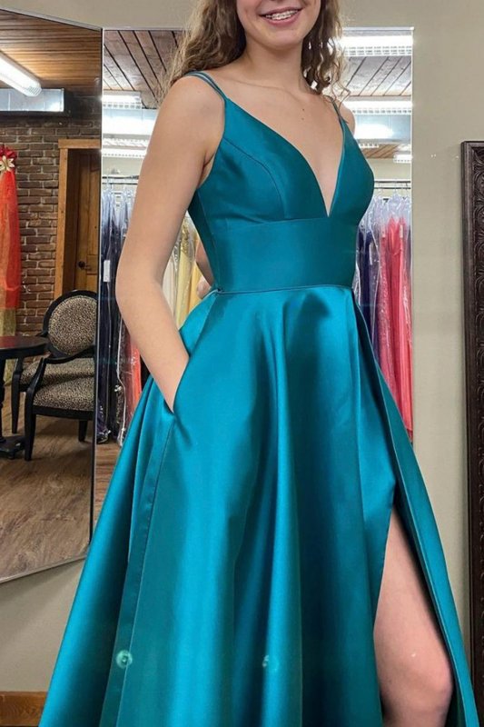 Blue A-line Simple Prom Dress with Slit E202283828