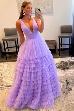 Purple Deep V-Neck Tiered Prom Dress E202283785