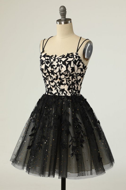 A Line Spaghetti Straps Black Short Homecoming Dress with Appliques E202283481