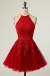 A Line Halter Red Short Homecoming Dress with Appliques E202283480