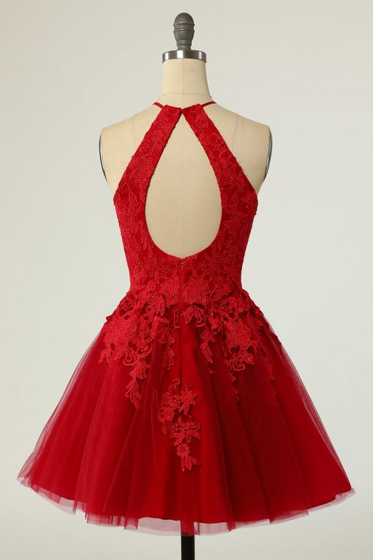 A Line Halter Red Short Homecoming Dress with Appliques E202283480