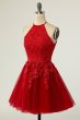 A Line Halter Red Short Homecoming Dress with Appliques E202283480