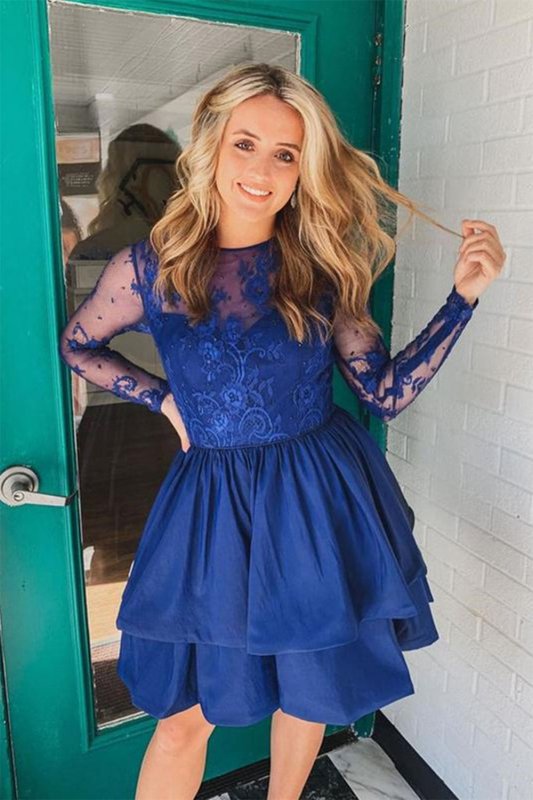 Royal Blue Long Sleeves Cocktail Dress with Lace E202283799