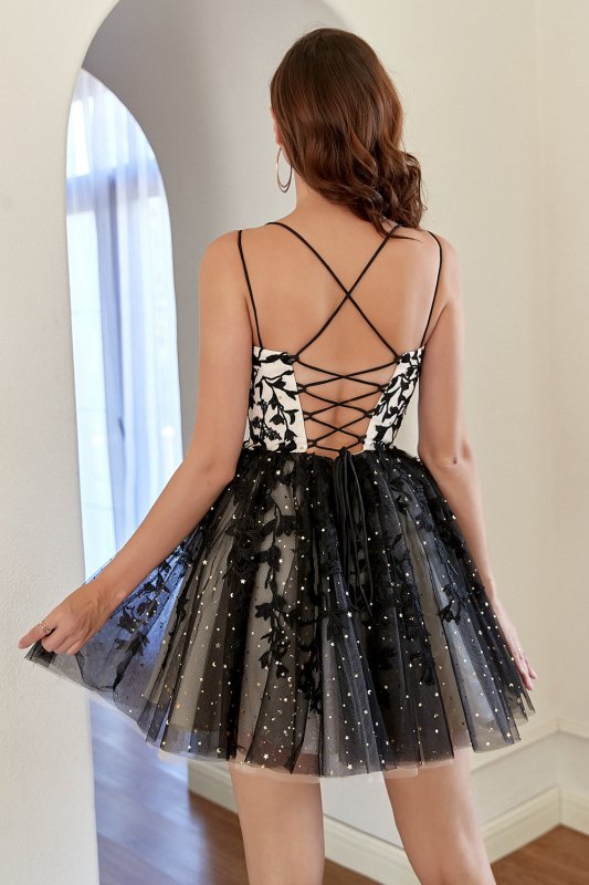 Stylish A Line Spaghetti Straps Black Short Homecoming Dress with Appliques E202283477