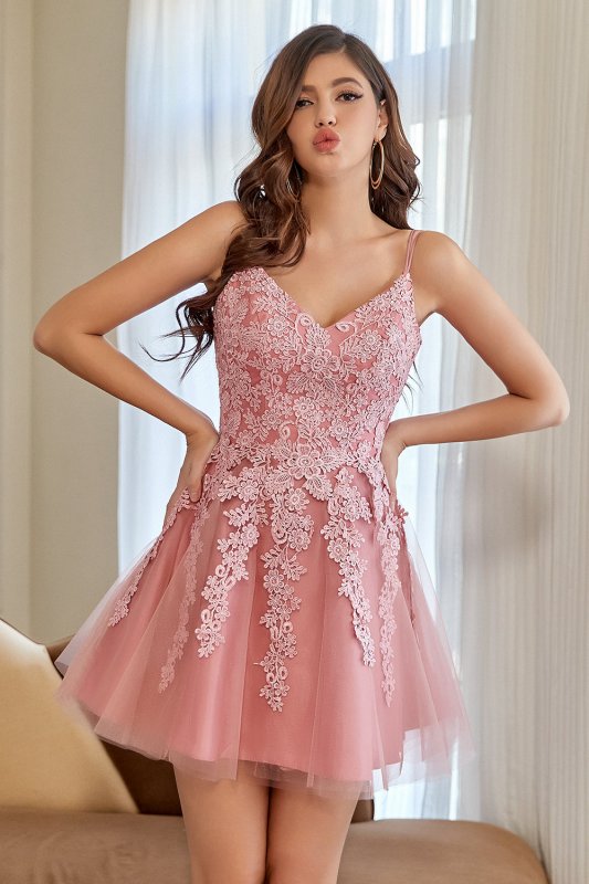 Cute A Line V Neck Blush Short Homecoming Dress with Appliques E202283473