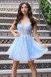 Cute A Line Deep V Neck Light Blue Homecoming Dress with Appliques E202283466