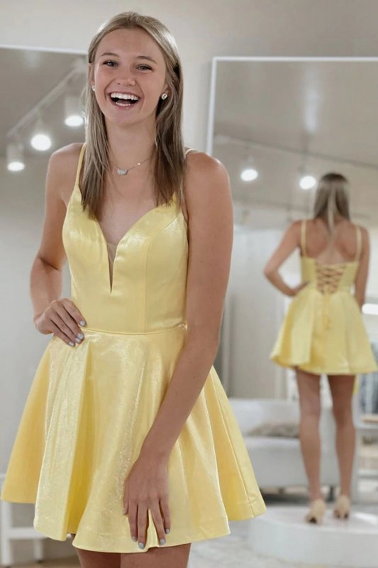 Classic A Line Spaghetti Straps Yellow Homecoming Dress with Criss Cross E202283468