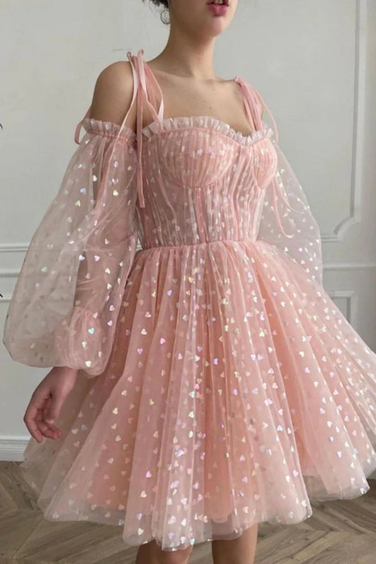 A Line Off the Shoulder Blush Short Homecoming Dress with Long Sleeves E202283798