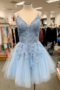 Blue Spaghetti Straps Homecoming Dress With Appliques E202283465