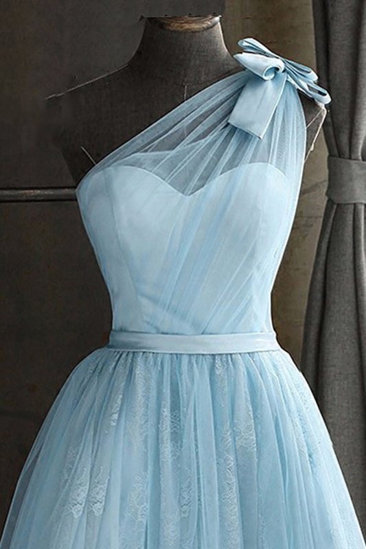 One Shoulder Blue Homecoming Dress With Bowknot E202283488