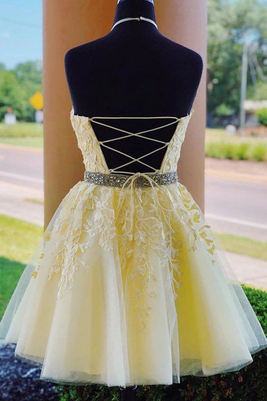 Yellow A Line Halter Backless Homecoming Dress E202283464