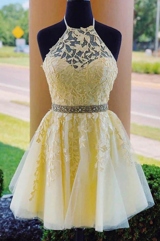 Yellow A Line Halter Backless Homecoming Dress E202283464