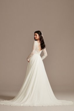 Long Sleeve Plunge Lace Chiffon Tall Wedding Dress 4XLWG4035