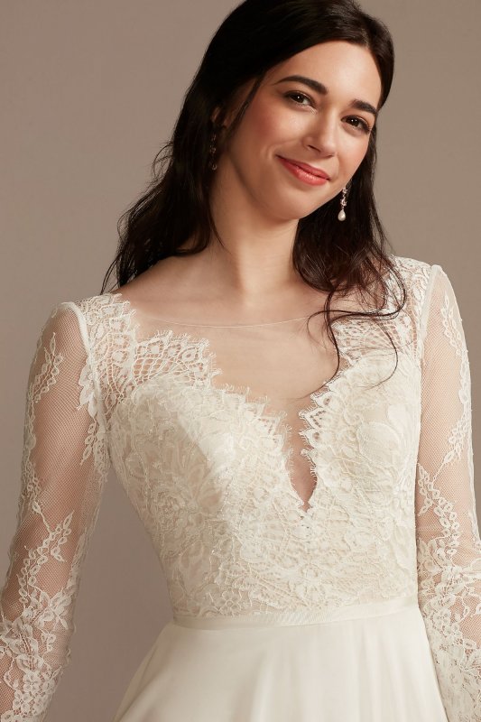 Long Sleeve Plunge Lace Chiffon Tall Wedding Dress 4XLWG4035