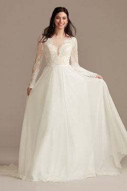 Long Sleeve Plunge Lace Chiffon Tall Wedding Dress 4XLWG4035