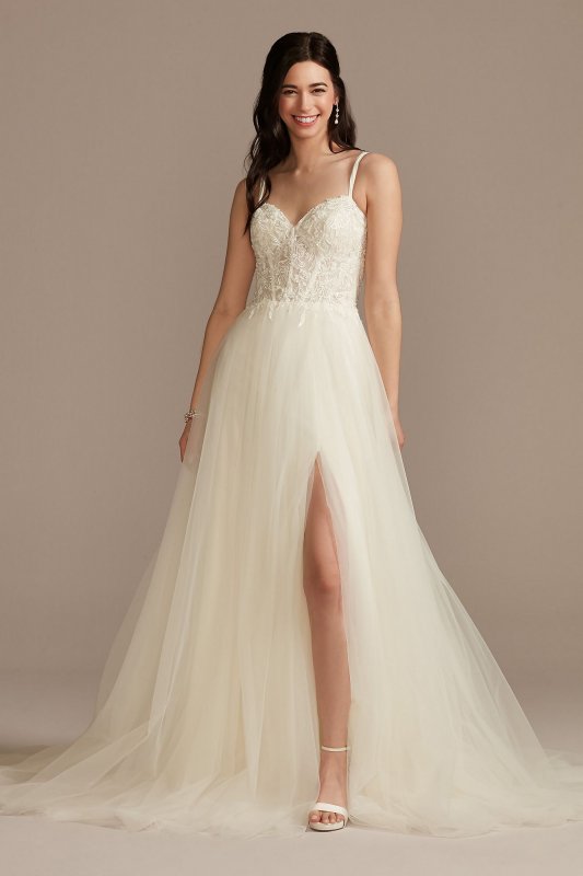 Sheer Boned Bodice Tulle Tall Wedding Dress 4XLWG4036