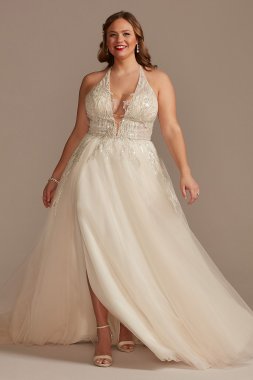 Beaded Applique Plunge Plus Size Wedding Dress 9SWG914