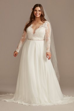 Long Sleeve Plunge Lace Plus Size Wedding Dress 9WG4035