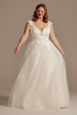 Appliqued Cap Sleeve Tulle Plus Size Wedding Dress 9WG4037