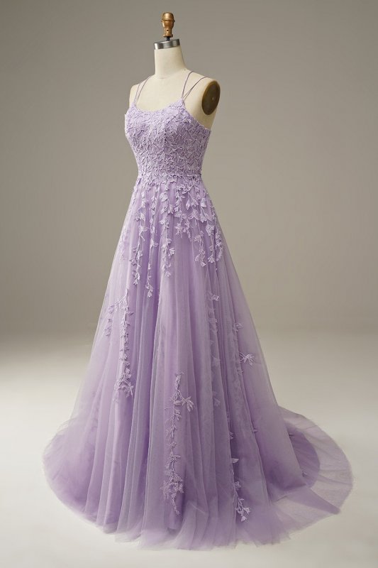 A-Line Spaghetti Straps Purple Long Prom Dress E202283145