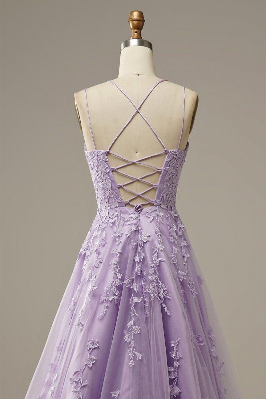 A-Line Spaghetti Straps Purple Long Prom Dress E202283145