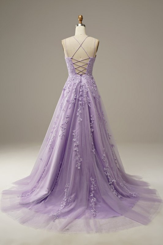 A-Line Spaghetti Straps Purple Long Prom Dress E202283145