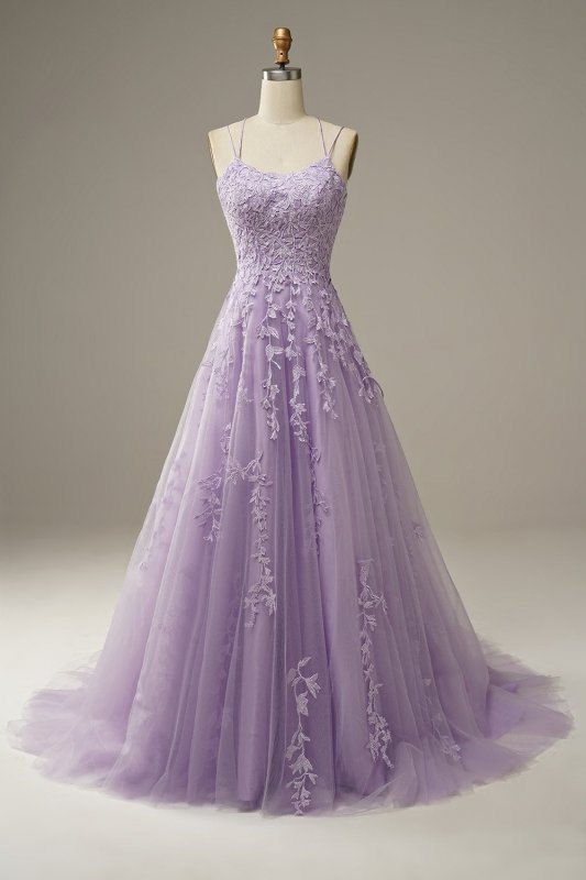 A-Line Spaghetti Straps Purple Long Prom Dress E202283145