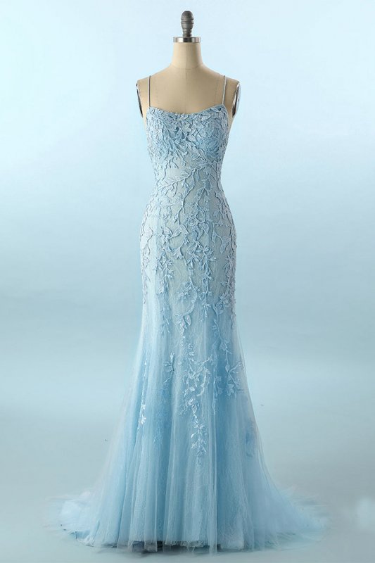 Mermaid Blue Long Prom Dress Backless Evening Dress E202283146