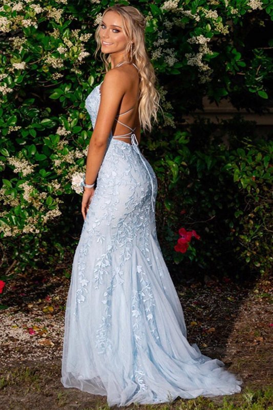 Mermaid Blue Long Prom Dress Backless Evening Dress E202283146