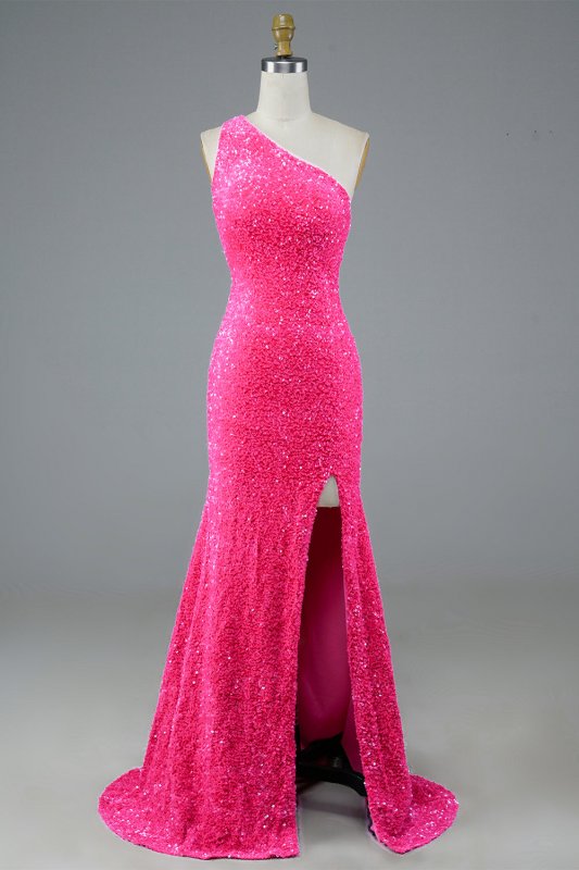 Fuchsia Sequin Long Prom Dress with Slit E202283143