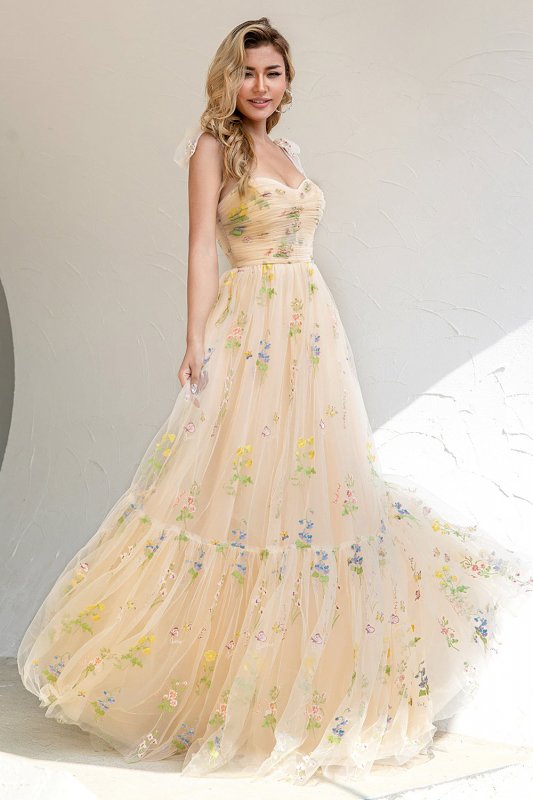 A Line Spaghetti Straps Champagne Prom Dress with Appliques E202283144