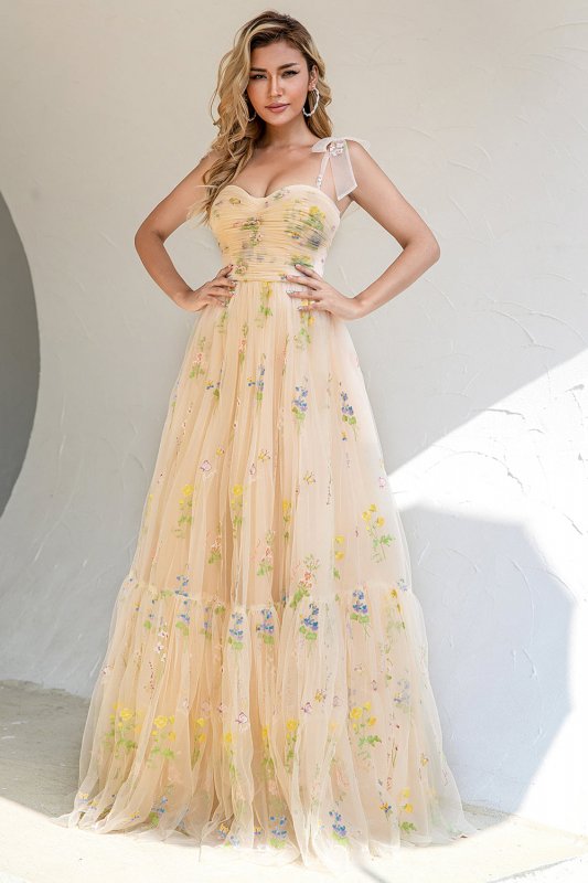 A Line Spaghetti Straps Champagne Prom Dress with Appliques E202283144