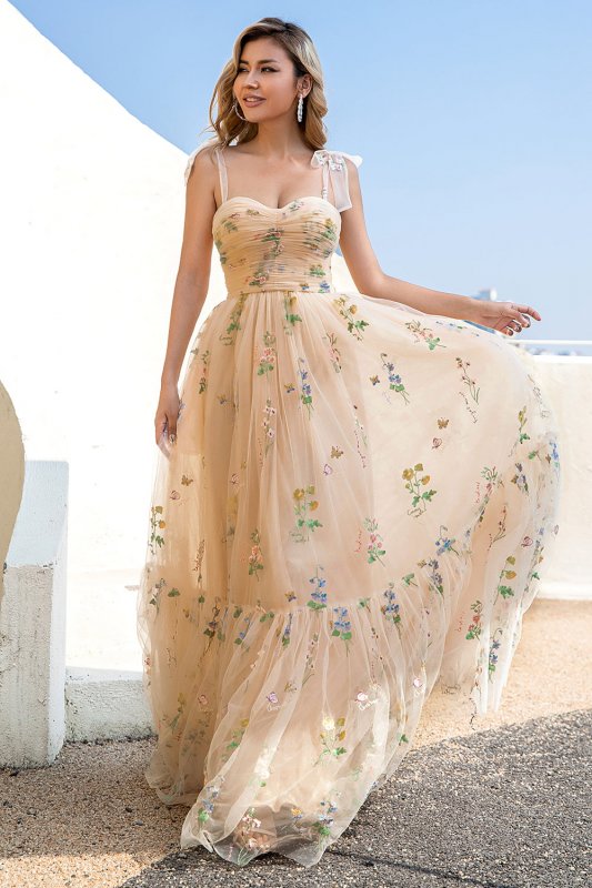 A Line Spaghetti Straps Champagne Prom Dress with Appliques E202283144