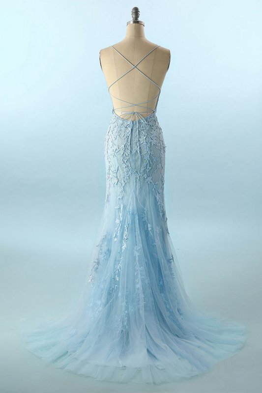 Blue Lace Mermaid Backless Prom Formal Dress E202283160