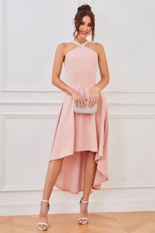 Pink A Line Halter High Low Homecoming Dress E202283113