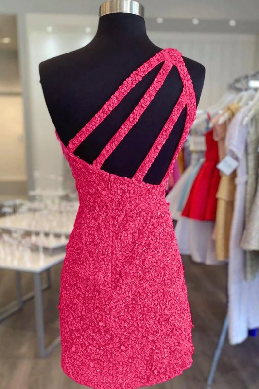 Sheath One Shoulder Fuchsia Short Homecoming Dress with Appliques E202283074