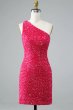 Sheath One Shoulder Fuchsia Short Homecoming Dress with Appliques E202283074