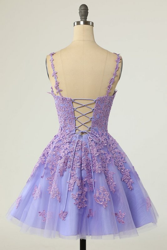 A Line Spaghetti Straps Purple Short Homecoming Dress E202283069