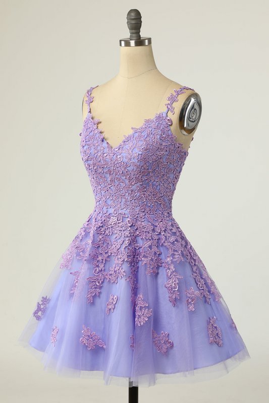 A Line Spaghetti Straps Purple Short Homecoming Dress E202283069