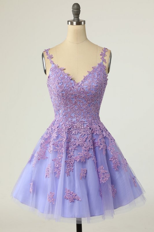 A Line Spaghetti Straps Purple Short Homecoming Dress E202283069