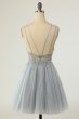 Gorgeous A Line Spaghetti Straps Grey Short Homecoming Dress with Beading E202283026