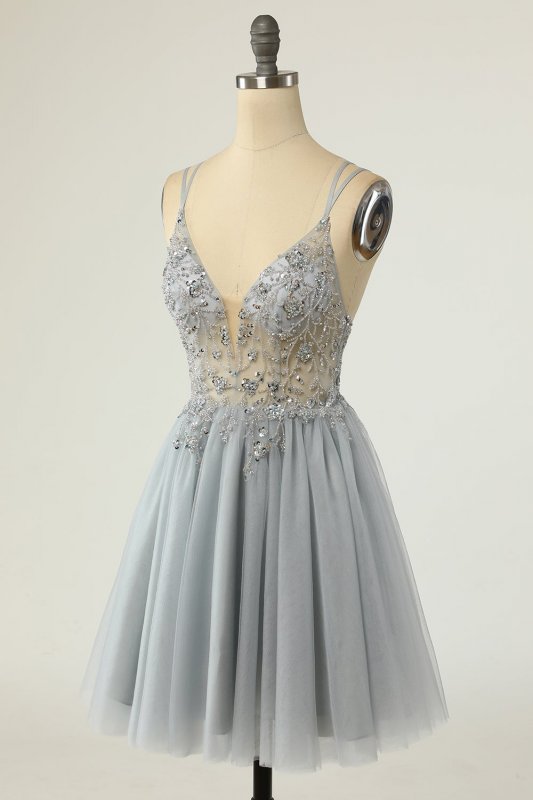 Gorgeous A Line Spaghetti Straps Grey Short Homecoming Dress with Beading E202283026