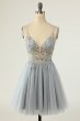 Gorgeous A Line Spaghetti Straps Grey Short Homecoming Dress with Beading E202283026