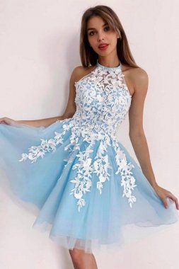 Sky Blue Halter Backless Short Prom Dress E202283624