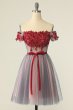 Burgundy Off the Shoulder Homecoming Dress with Appliques E202283623