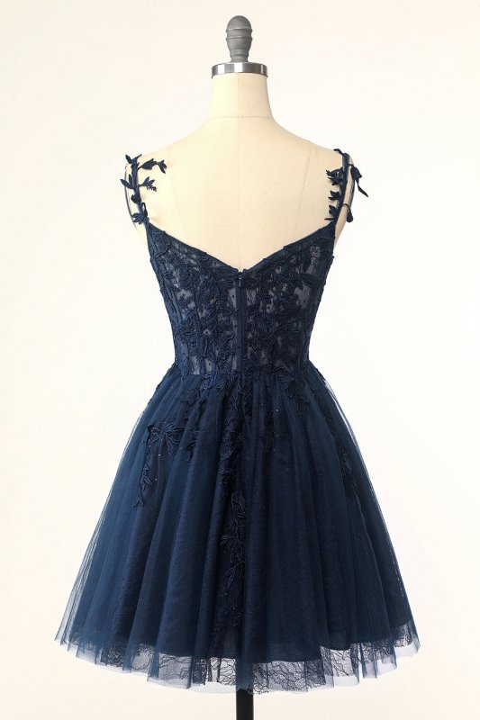 Navy Spaghetti Straps Short Homecoming Dress with Appliques E202283020