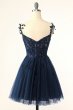 Navy Spaghetti Straps Short Homecoming Dress with Appliques E202283020